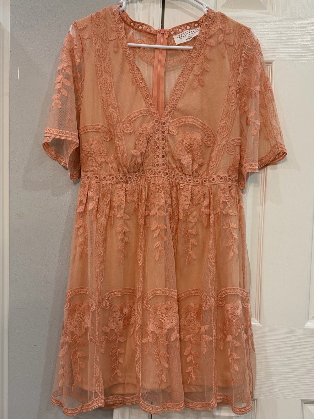 Coral Embroidered V-Neck Mini Dress